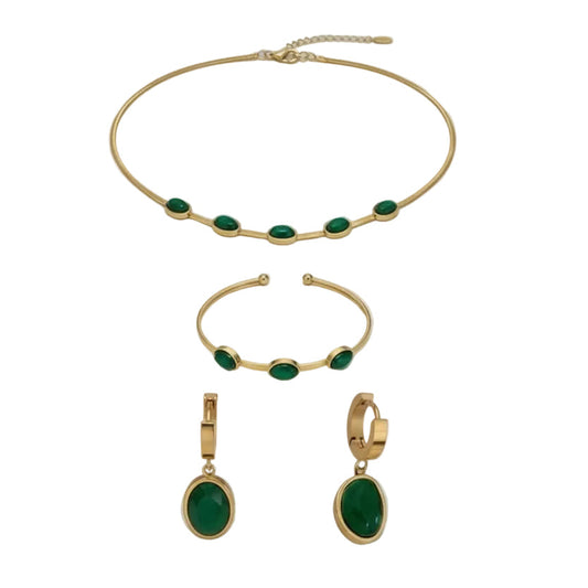Oval Green Crystal Pendant Necklace Set With Bracelet